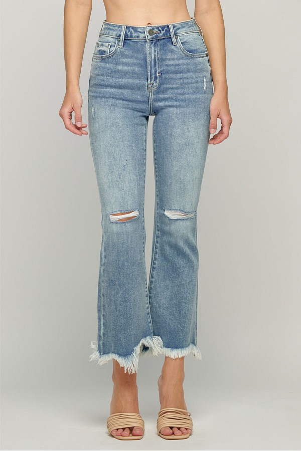 Light Wash Distressed Cropped Frayed Flare